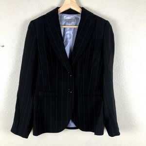 ANN Taylor Blazer Jacket Black Blue Pinstripe Virgin Wool 2 Button Lined Size 4